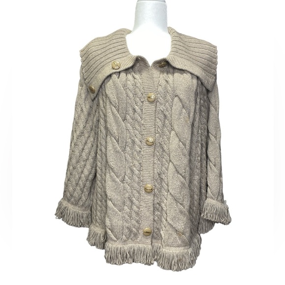 St. John Wool Blend Fringe Accent Cable Knit Cardigan - Picture 1 of 8